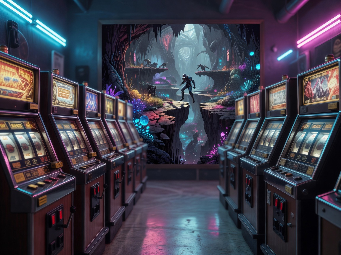 Rivi kolikkopelikoneita valaistussa pelihallissa, pääjutun kuvituskuva metroidvania-genrestä